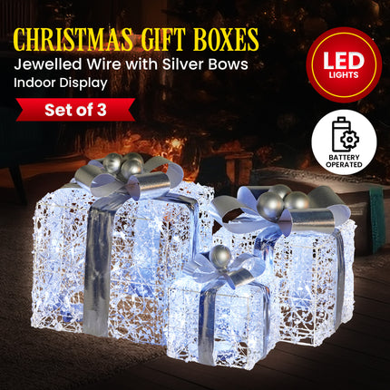 Christabelle Swishmas Set Of 3 Christmas Gift Boxes With Lights With Jewelled Wire And Silver Bows.