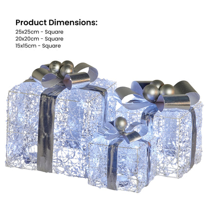 Christabelle Swishmas Set Of 3 Christmas Gift Boxes With Lights With Jewelled Wire And Silver Bows.