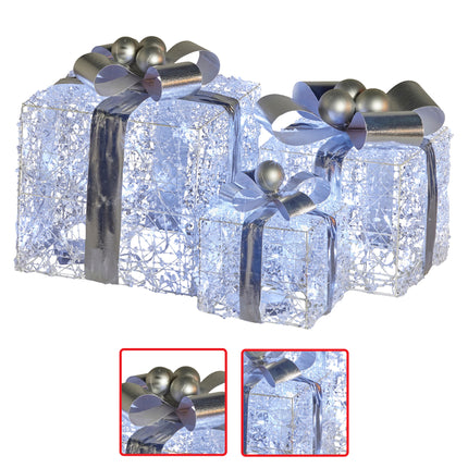 Christabelle Swishmas Set Of 3 Christmas Gift Boxes With Lights With Jewelled Wire And Silver Bows.
