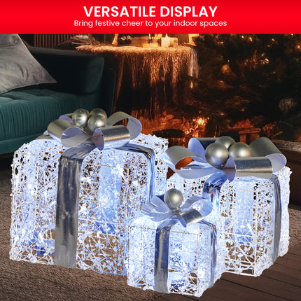 Christabelle Swishmas Set Of 3 Christmas Gift Boxes With Lights With Jewelled Wire And Silver Bows.