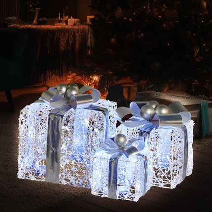 Christabelle Swishmas Set Of 3 Christmas Gift Boxes With Lights With Jewelled Wire And Silver Bows.