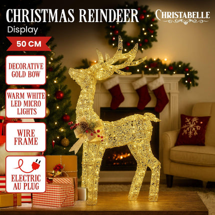 Christabelle Light Up Christmas Reindeer Display Indoor & Outdoor Decoration Warm White LED Lights Gold Bow Wire Frame.