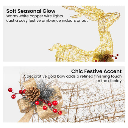 Christabelle Light Up Christmas Reindeer Display Indoor & Outdoor Decoration Warm White LED Lights Gold Bow Wire Frame.