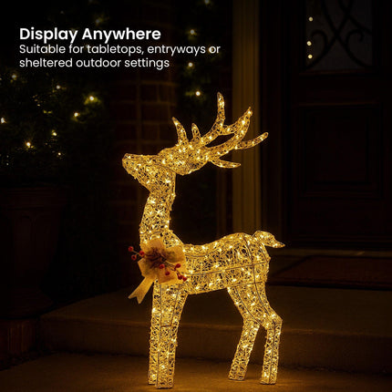 Christabelle Light Up Christmas Reindeer Display Indoor & Outdoor Decoration Warm White LED Lights Gold Bow Wire Frame.