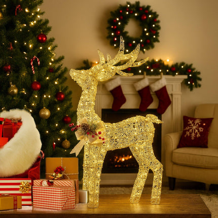 Christabelle Light Up Christmas Reindeer Display Indoor & Outdoor Decoration Warm White LED Lights Gold Bow Wire Frame.