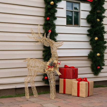 Christabelle Light Up Christmas Reindeer Display Indoor & Outdoor Decoration Warm White LED Lights Gold Bow Wire Frame.