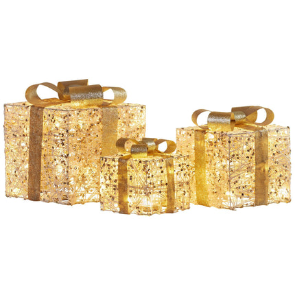 Christabelle Set of 3 Battery Operated Golden Christmas Gift Boxes w/Warm White LED Lights Indoor Decorative Holiday.