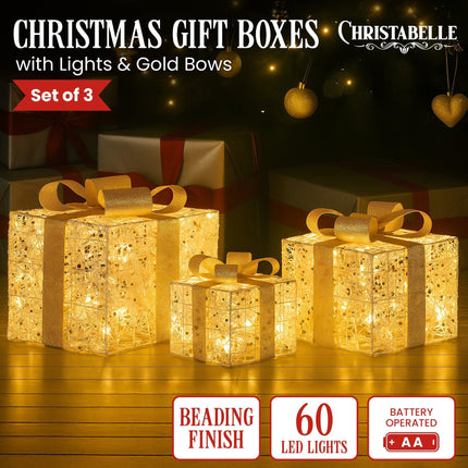 Christabelle Set of 3 Battery Operated Golden Christmas Gift Boxes w/Warm White LED Lights Indoor Decorative Holiday.