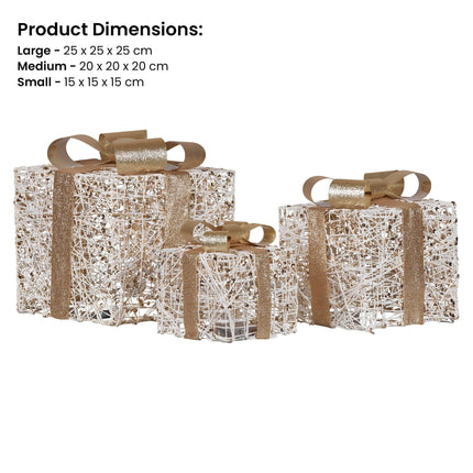 Christabelle Set of 3 Battery Operated Golden Christmas Gift Boxes w/Warm White LED Lights Indoor Decorative Holiday.