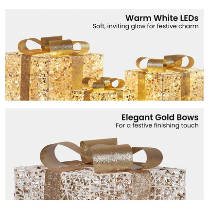 Christabelle Set of 3 Battery Operated Golden Christmas Gift Boxes w/Warm White LED Lights Indoor Decorative Holiday.