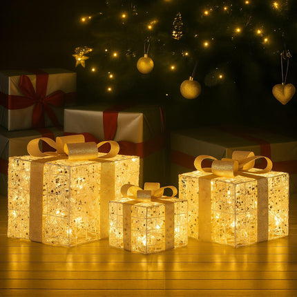 Christabelle Set of 3 Battery Operated Golden Christmas Gift Boxes w/Warm White LED Lights Indoor Decorative Holiday.