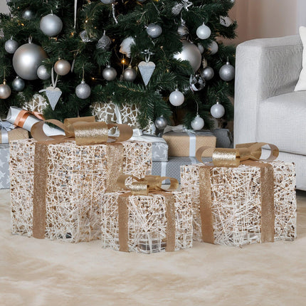 Christabelle Set of 3 Battery Operated Golden Christmas Gift Boxes w/Warm White LED Lights Indoor Decorative Holiday.