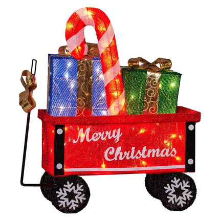 Christabelle Christmas Cart Display w/Candy Cane & Presents Warm White LED Lights Wire Frame Structure Indoor & Outdoor.
