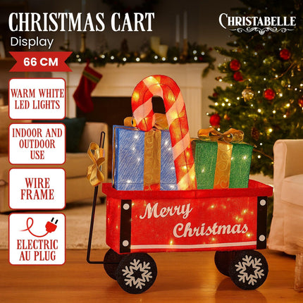 Christabelle Christmas Cart Display w/Candy Cane & Presents Warm White LED Lights Wire Frame Structure Indoor & Outdoor.