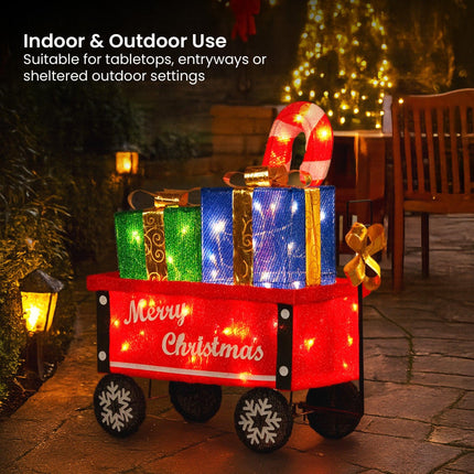 Christabelle Christmas Cart Display w/Candy Cane & Presents Warm White LED Lights Wire Frame Structure Indoor & Outdoor.
