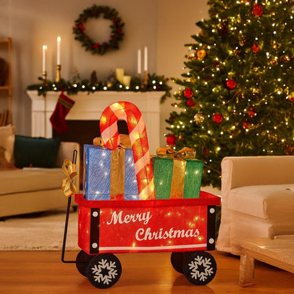 Christabelle Christmas Cart Display w/Candy Cane & Presents Warm White LED Lights Wire Frame Structure Indoor & Outdoor.