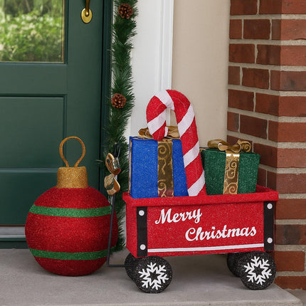 Christabelle Christmas Cart Display w/Candy Cane & Presents Warm White LED Lights Wire Frame Structure Indoor & Outdoor.