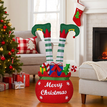Christabelle Elf in Gift Sack Christmas Display Warm White LED Lights 86cm for Decoration w/Wire Frame Construction.