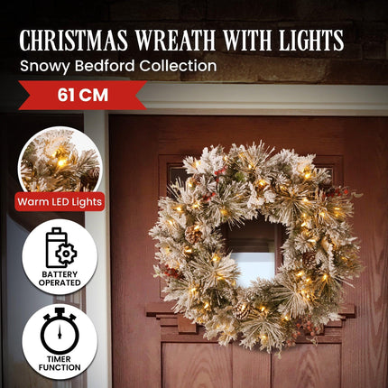 Christabelle 61cm Snowy Christmas Wreath Bedford with LED Lights Front Door Decoration Ornament.