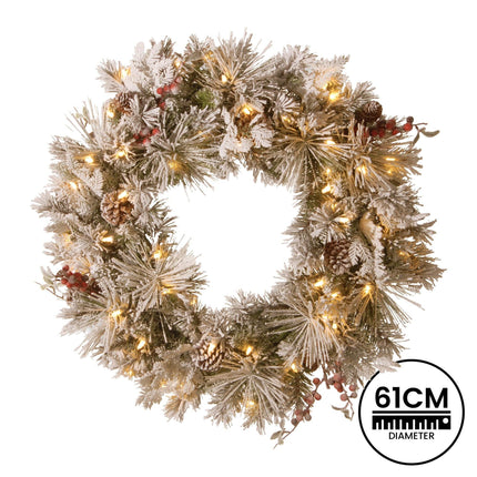 Christabelle 61cm Snowy Christmas Wreath Bedford with LED Lights Front Door Decoration Ornament.