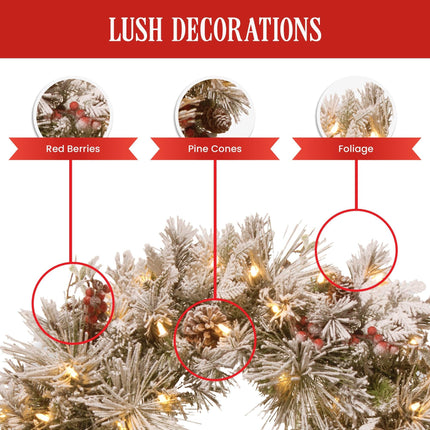 Christabelle 61cm Snowy Christmas Wreath Bedford with LED Lights Front Door Decoration Ornament.