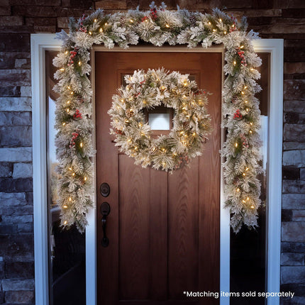 Christabelle 61cm Snowy Christmas Wreath Bedford with LED Lights Front Door Decoration Ornament.