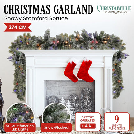 Christabelle 2.7m Christmas Garland Snowy with LED Lights Stamford Spruce Tree Decoration Ornament.