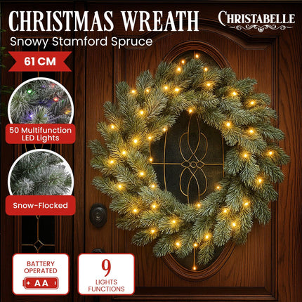 Christabelle 61cm Christmas Wreath Snowy Stamford Spruce with Coloured LED Lights Front Door Decoration Ornament.