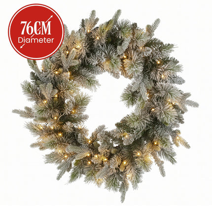Christabelle 76cm Christmas Wreath Snowy Stamford Spruce with LED Lights Front Door Decoration Ornament.