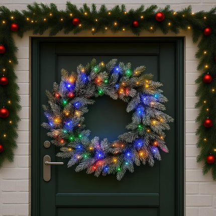 Christabelle 76cm Christmas Wreath Snowy Stamford Spruce with LED Lights Front Door Decoration Ornament.