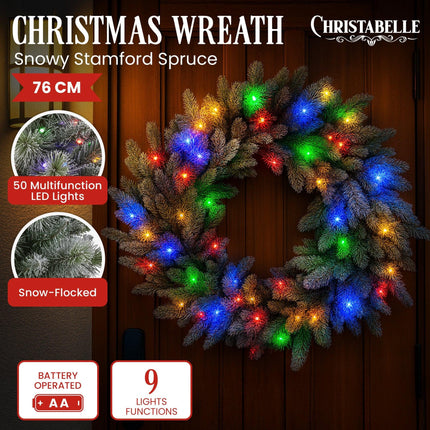 Christabelle 76cm Christmas Wreath Snowy Stamford Spruce with LED Lights Front Door Decoration Ornament.