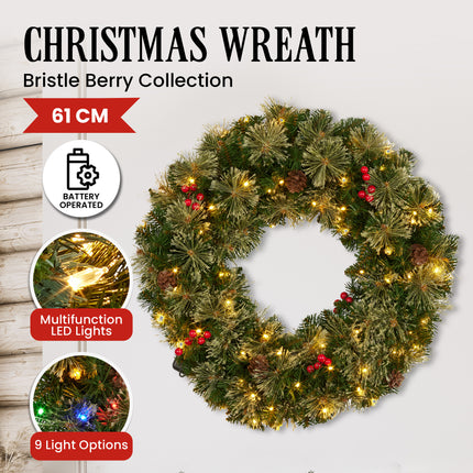 Christabelle 61cm Christmas Wreath Bristle Berry with LED Lights Front Door Decoration Ornament.