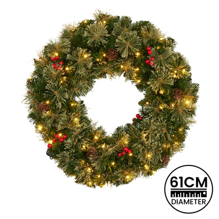 Christabelle 61cm Christmas Wreath Bristle Berry with LED Lights Front Door Decoration Ornament.