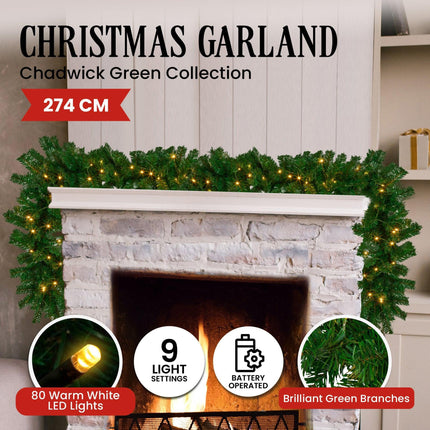 Christabelle 2.7m Christmas Garland with LED Lights Chadwick Tree Decoration Ornament.