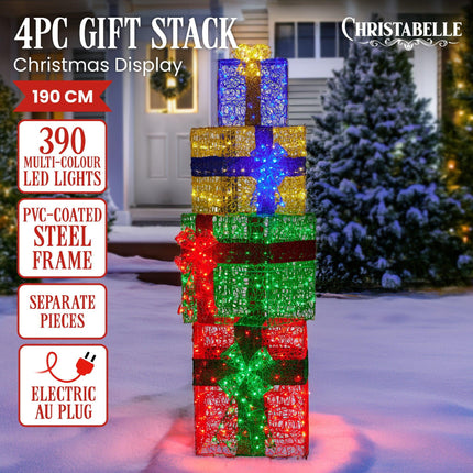 Christabelle 190cm 4-piece Gift Stack Box Christmas Decor Bows Led Lights Xmas.