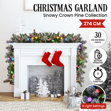 Swishmas 274cm Snowy Crown Pine Pre-Lit Multicolour Christmas Garland.