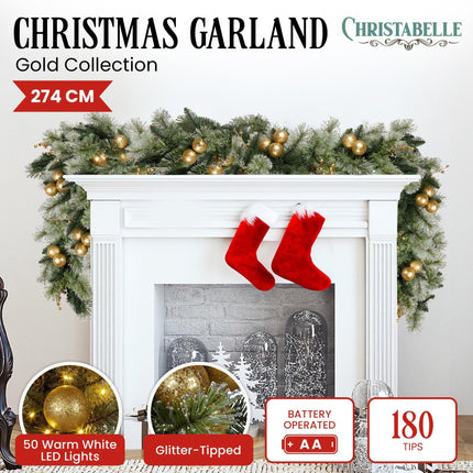 Christabelle 2.7m Christmas Garland with Gold Baubles and LED Lights Mantle Decoration Ornament.