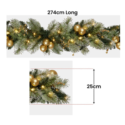 Christabelle 2.7m Christmas Garland with Gold Baubles and LED Lights Mantle Decoration Ornament.
