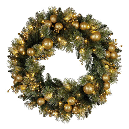 Christabelle 61cm Christmas Wreath Glittery Tipped with LED Lights and Golden Baubles Front Door Decoration Ornament.