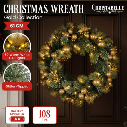 Christabelle 61cm Christmas Wreath Glittery Tipped with LED Lights and Golden Baubles Front Door Decoration Ornament.