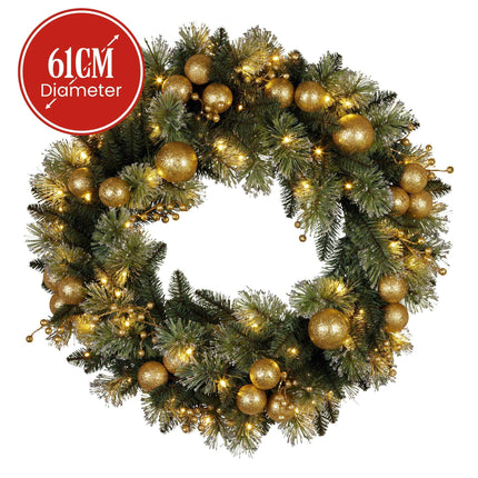 Christabelle 61cm Christmas Wreath Glittery Tipped with LED Lights and Golden Baubles Front Door Decoration Ornament.