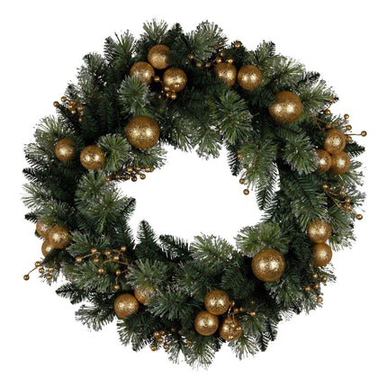 Christabelle 61cm Christmas Wreath Glittery Tipped with LED Lights and Golden Baubles Front Door Decoration Ornament.