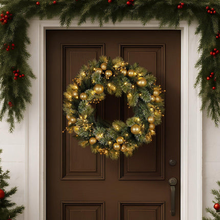 Christabelle 61cm Christmas Wreath Glittery Tipped with LED Lights and Golden Baubles Front Door Decoration Ornament.