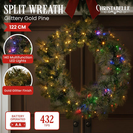 Christabelle 1.22m Split 2pc Christmas Wreath with LED Lights Pine Dual Front Doors Decoration Ornament.