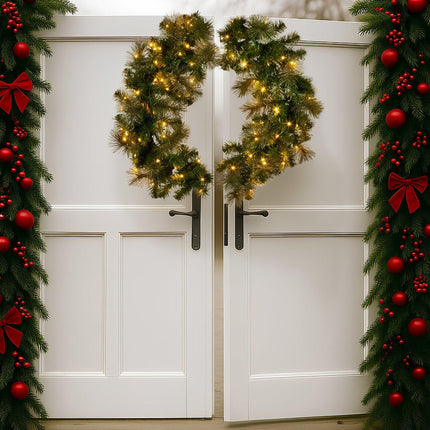 Christabelle 1.22m Split 2pc Christmas Wreath with LED Lights Pine Dual Front Doors Decoration Ornament.