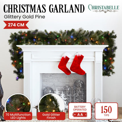 Christabelle 2.7m Christmas Garland with LED Lights Glittery Gold Pine Mantle Decoration Ornament.