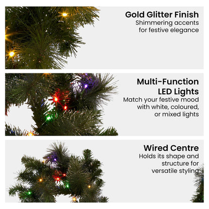 Christabelle 2.7m Christmas Garland with LED Lights Glittery Gold Pine Mantle Decoration Ornament.