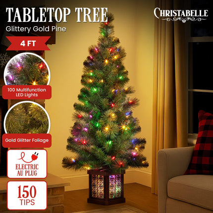 Christabelle 4ft Christmas Tree Glittery Gold Pine Led Multi Lights Xmas Decor.