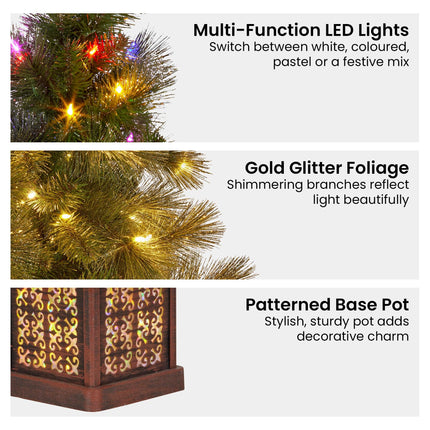 Christabelle 4ft Christmas Tree Glittery Gold Pine Led Multi Lights Xmas Decor.