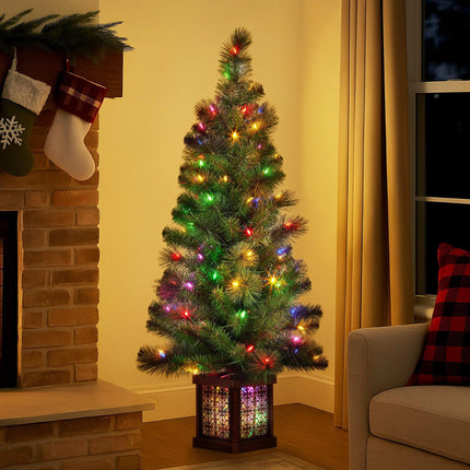 Christabelle 4ft Christmas Tree Glittery Gold Pine Led Multi Lights Xmas Decor.